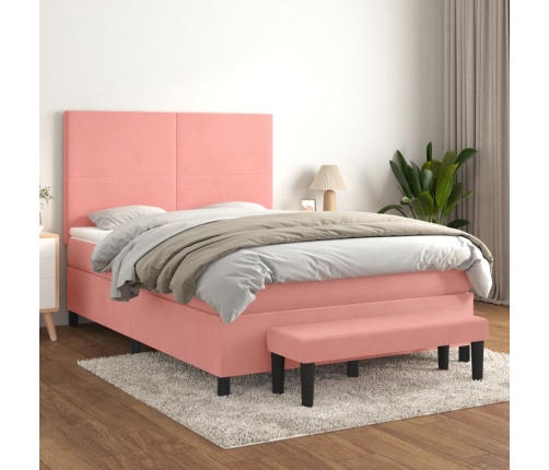 Cama box spring con colchón terciopelo rosa 140x190 cm