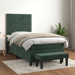 Cama box spring con colchón terciopelo verde oscuro 90x190 cm