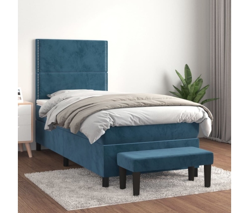 Cama box spring con colchón terciopelo azul oscuro 90x190 cm