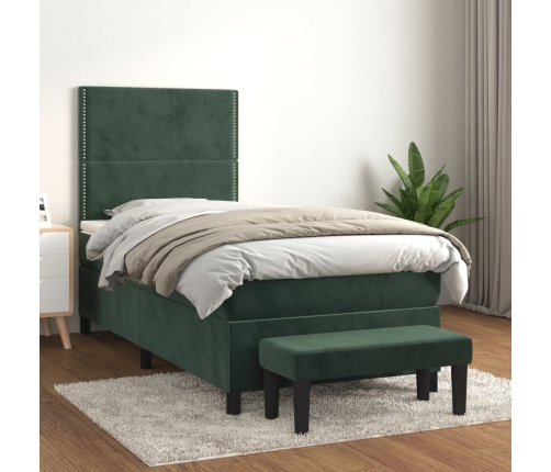 Cama box spring con colchón terciopelo verde oscuro 90x200 cm