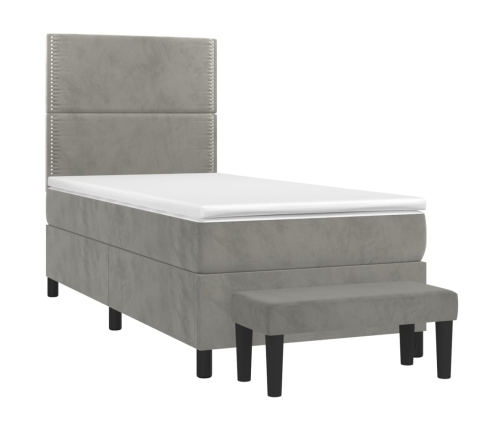 Cama box spring con colchón terciopelo gris claro 100x200 cm