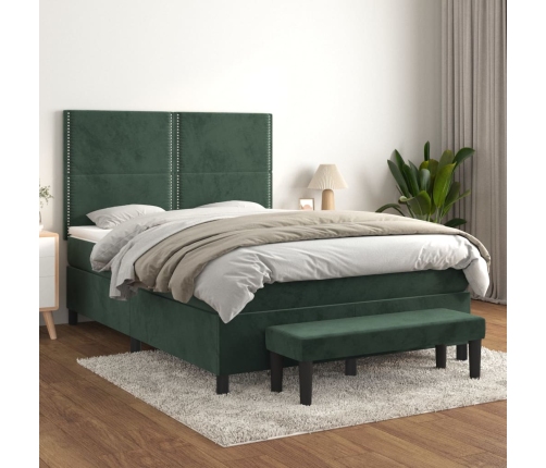 Cama box spring con colchón terciopelo verde oscuro 140x200 cm