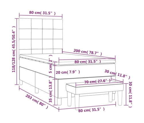 Cama box spring con colchón terciopelo gris oscuro 80x200 cm