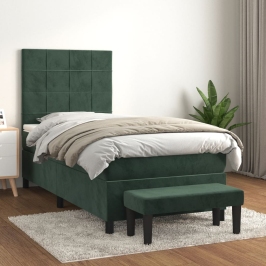 Cama box spring con colchón terciopelo verde oscuro 90x190 cm