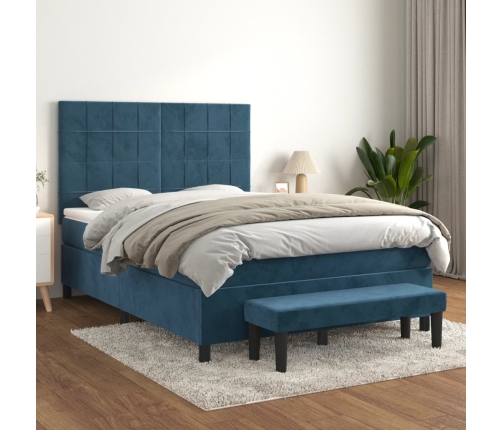 Cama box spring con colchón terciopelo azul oscuro 140x200 cm