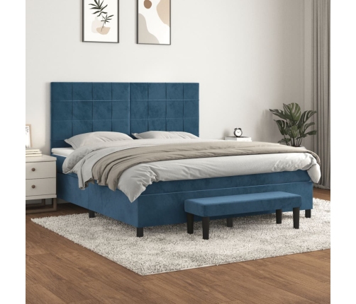 Cama box spring con colchón terciopelo azul oscuro 160x200 cm