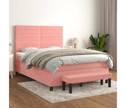 Cama box spring con colchón terciopelo rosa 140x200 cm