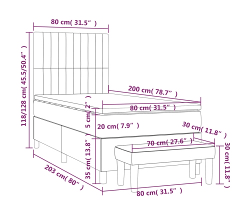 Cama box spring con colchón terciopelo azul oscuro 80x200 cm