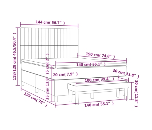 Cama box spring con colchón terciopelo verde oscuro 140x190 cm