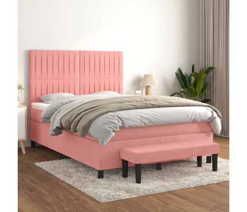 Cama box spring con colchón terciopelo rosa 140x190 cm