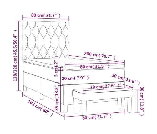 Cama box spring con colchón terciopelo azul oscuro 80x200 cm