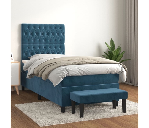 Cama box spring con colchón terciopelo azul oscuro 90x190 cm