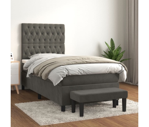 Cama box spring con colchón terciopelo gris oscuro 100x200 cm