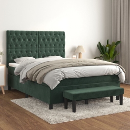 Cama box spring con colchón terciopelo verde oscuro 140x190 cm