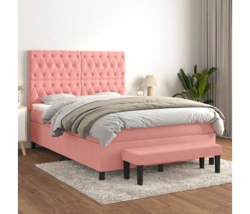 Cama box spring con colchón terciopelo rosa 140x190 cm