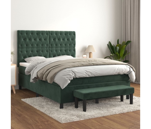 Cama box spring con colchón terciopelo verde oscuro 140x200 cm