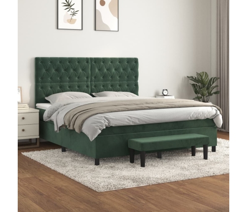 Cama box spring con colchón terciopelo verde oscuro 160x200 cm