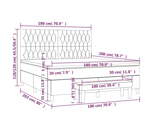 Cama box spring con colchón terciopelo gris claro 180x200 cm