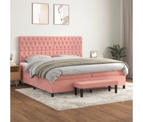 Cama box spring con colchón terciopelo rosa 200x200 cm