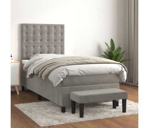 Cama box spring con colchón terciopelo gris claro 90x190 cm