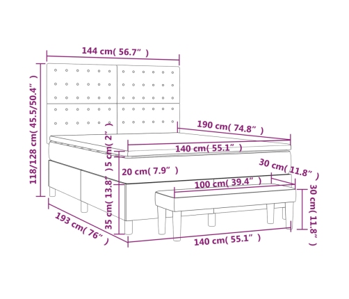 Cama box spring con colchón terciopelo gris oscuro 140x190 cm