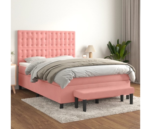 Cama box spring con colchón terciopelo rosa 140x200 cm