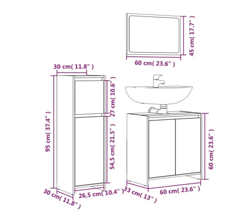 Set de muebles baño 3 pzas madera contrachapada roble ahumado