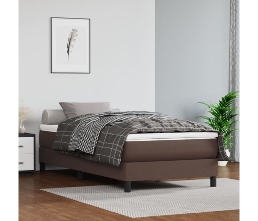 Cama box spring con colchón cuero sintético marrón 90x200 cm