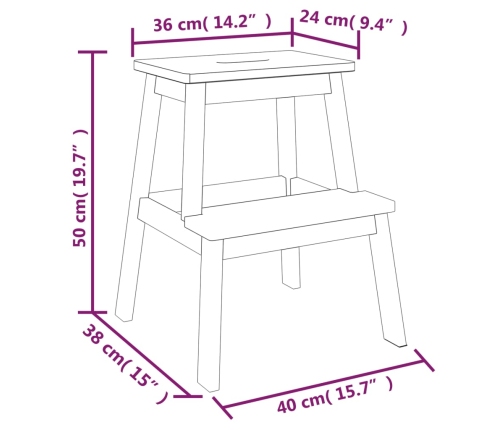 Taburete 2 peldaños madera maciza de acacia 40x38x50 cm
