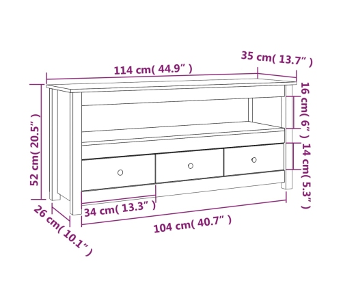 Mueble de TV de madera maciza de pino 114x35x52 cm