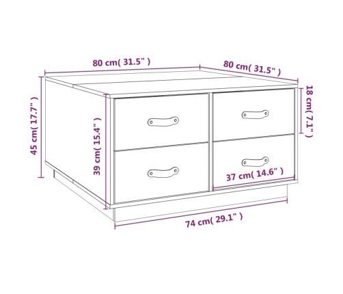 Mesa de centro de madera maciza de pino 80x80x45 cm