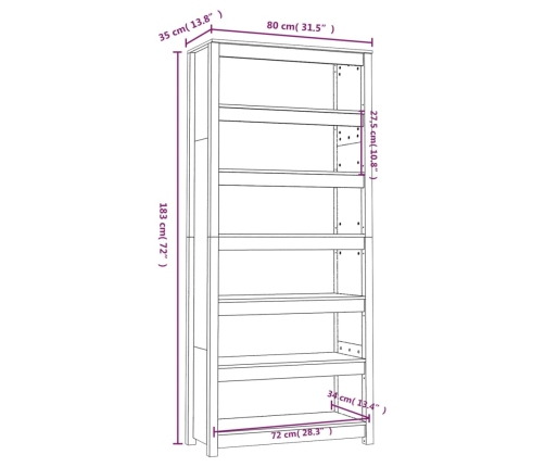 Estantería madera maciza de pino 80x35x183 cm