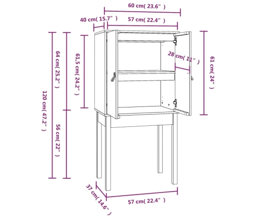 Aparador alto madera maciza de pino gris 60x40x120 cm