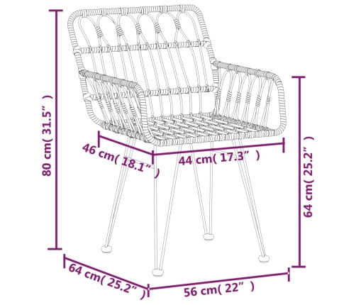 Sillas de jardín con reposabrazos 2 uds ratán PE 56x64x80 cm