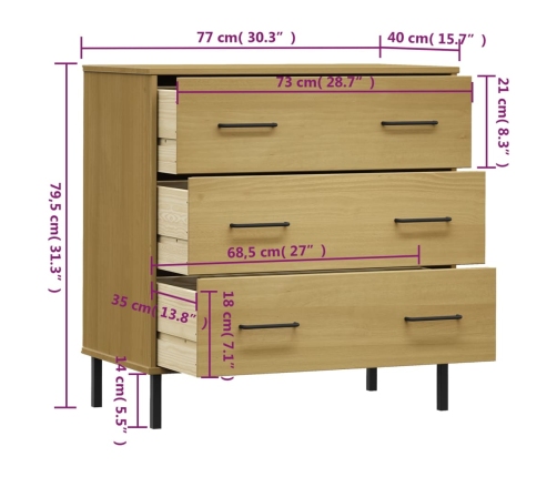 Aparador con 3 cajones OSLO madera maciza marrón 77x40x79,5 cm