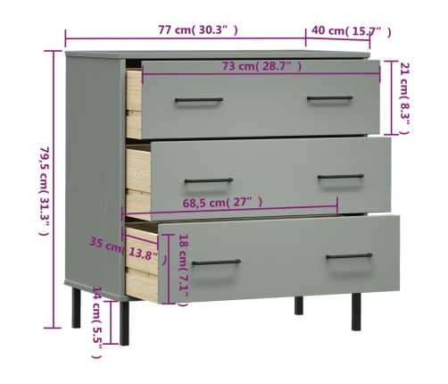 Aparador con 3 cajones OSLO madera maciza gris 77x40x79,5 cm