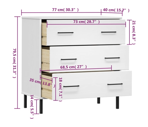 Aparador con 3 cajones OSLO madera maciza blanco 77x40x79,5 cm