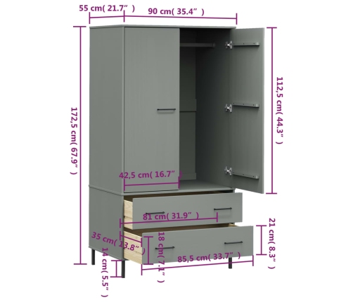 Armario patas de metal OSLO madera maciza gris 90x55x172,5 cm