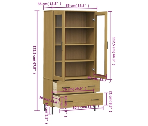 Librería patas de metal OSLO madera maciza marrón 85x35x172,5cm