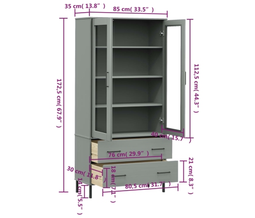 vidaXL Librería patas de metal OSLO madera maciza gris 85x35x172,5cm