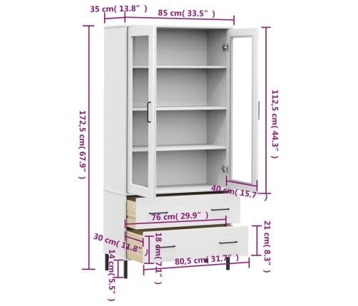 Librería patas de metal OSLO madera maciza blanco 85x35x172,5cm