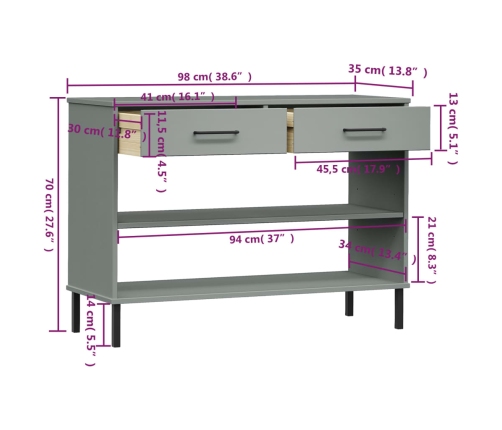 vidaXL Armario consola patas de metal madera maciza pino gris OSLO