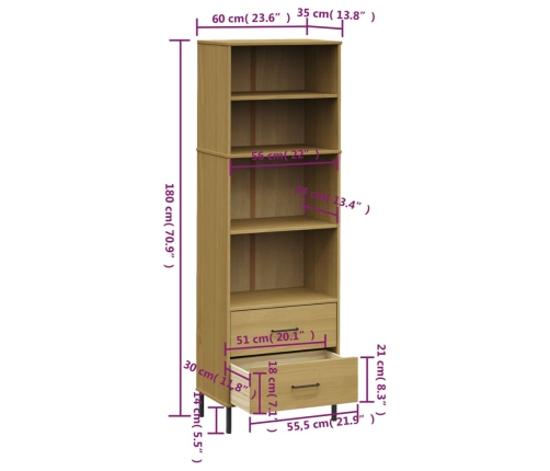 Librería con 2 cajones OSLO madera maciza marrón 60x35x180 cm