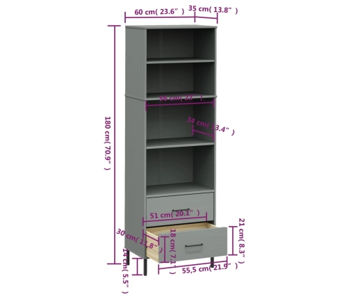 Librería con 2 cajones OSLO madera maciza gris 60x35x180 cm