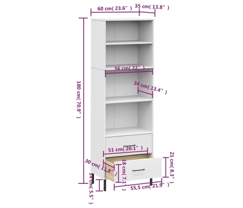 Librería con 2 cajones OSLO madera maciza blanco 60x35x180 cm