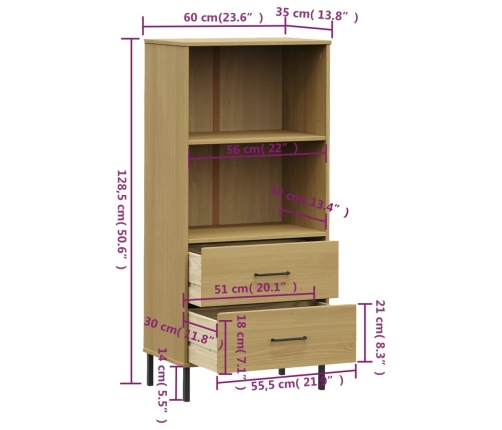 Librería con 2 cajones OSLO madera maciza marrón 60x35x128,5 cm