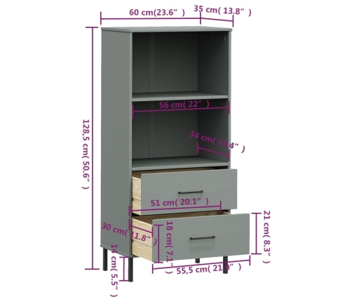 Librería con 2 cajones OSLO madera maciza gris 60x35x128,5 cm