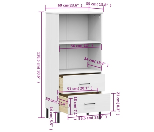 Librería con 2 cajones OSLO madera maciza blanco 60x35x128,5 cm