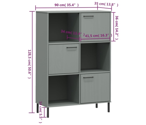 vidaXL Librería patas de metal OSLO madera maciza gris 90x35x128,5cm