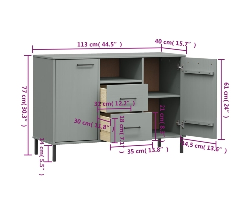 Aparador con patas metal OSLO madera maciza gris 113x40x77 cm